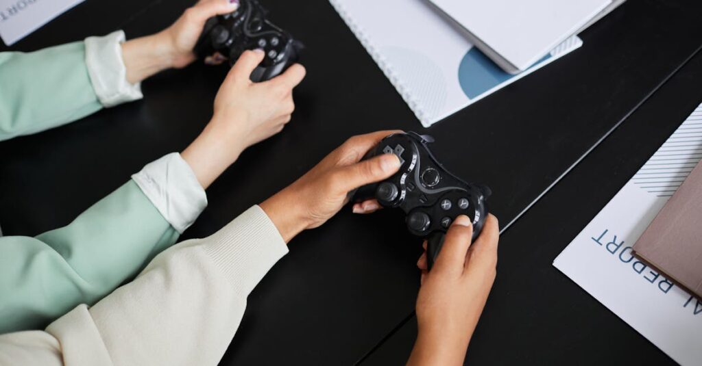 Two people playing video games with controllers, highlighting teamwork and gaming experience.